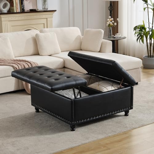 Tbfit 35.5" Large Square Storage Ottoman Bench, Tufted Upholstered Coffee Table Ottoman with Lift Top & Wooden Legs, Oversized Storage Ottomans Toy Box for Living Room（Black） - color: Black