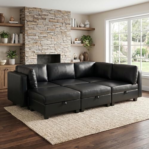 ERYE 99-Inch Oversized U Shaped Sectional Sofa 6 Seat Modular Storage Sofa Couch W/Deep Seat,Pet Friendly Faux Leather Upholstered Convertible Sleeper Sectional Couch with Ottomans - color: Black 99"
