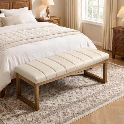 52.7" Bedroom Bench for End of Bed, Faux Leather Entryway Bench (Cream-PU) | Modern Upholstered Dining Bench & Footrest Stool Bench with Solid Wood Frame for Bedroom, Living Room - color: Cream-pu