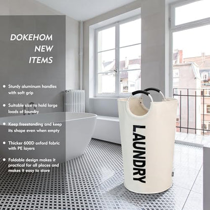 DOKEHOM 125L X-Large Laundry Basket Bag, Collapsible Tall Hamper, Beige | Freestanding tall washing bin & foldable laundry bag. Extra large clothes storage basket with durable sturdy handles - color: Beige, size: 125L