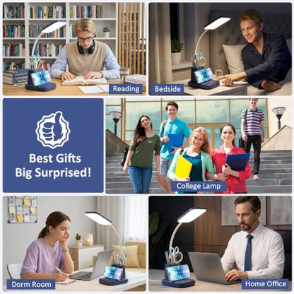 LED Desk Lamp with 10W Wireless Charging & Pen Holder, Navy Blue | CRI 95, 800LM, Stepless Dimming, 3 Modes, 360°Flexible Arm, Touch, Study Table Lamp for Home Office, Dorm Room, with Adapter - color: Navy Blue