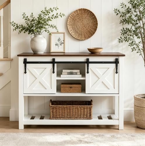Farmhouse Entryway Table with Sliding Barn Doors, Wood Console Table with Storage Shelf, Rustic Sofa Table for Living Room, Entryway, Foyer, White - color: White