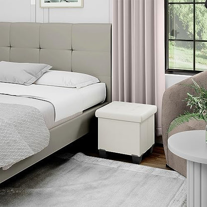 Storage Ottoman Cube with Storage Bin, 15-In Square Ottoman with Storage for Living Room and Bedroom, Small Ottoman Foot Rest, Foot Stools Ottoman, White Storage Chest Max 660lbs, Faux Leather Ottoman