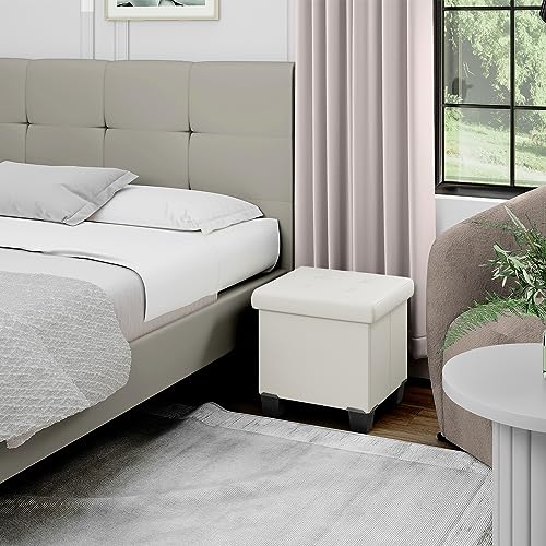 Storage Ottoman Cube with Storage Bin, 15-In Square Ottoman with Storage for Living Room and Bedroom, Small Ottoman Foot Rest, Foot Stools Ottoman, White Storage Chest Max 660lbs, Faux Leather Ottoman