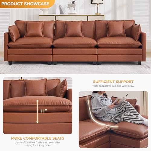 111'' Sectional Cloud Deep Seat Couch, Modern Comfy Leather Modular Sectional Sofa for Living Room Set, Upholstered Modular 3-Seats Sofa Couch, Leather Brown - color: Pu-dark Brown, size: 111'' 3 Seats