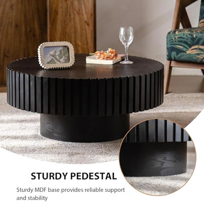 Round Fluted Drum Coffee Table with Pedestal Base | 31.5'' Modern Black Wooden Drum Center Table, Handcrafted Solid Wood Fluted Edge, For Living Room & Apartment - color: Round Black
