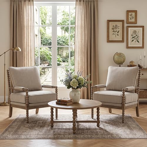 DUHOME Linen Fabric Spindle Accent Chairs Set of 2,Spool Chairs with High Resilience Spring Cushion and Armrest Pads, Leisure Armchair for Living Room Bedroom Farmhouse Home Office Belcony - color: Brown+cream, size: 2 pcs