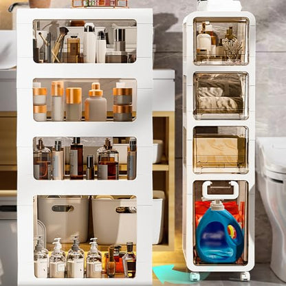4-Tier Bathroom Floor Cabinet,Narrow Slim Storage Cabinet with Wheels,Movable Cabinet for Small Sapce, Bathroom,Living Room - size: 4-Tier-7.9"W