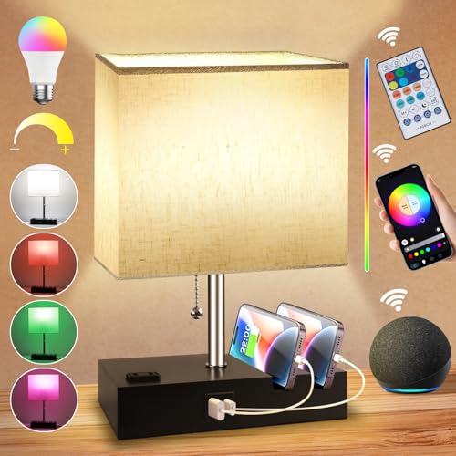 Smart RGB Dimmable Table Lamp Compatible with Alexa&APP&Remote Control, Bedside Desk Lamp with Charging Ports&Outlet&Phone Stand, Music Sync Nightstand Lamp for Bedroom Living Room Office Dorm, Beige | Bedside Desk Lamp with Charging Ports&Outlet&Phone St