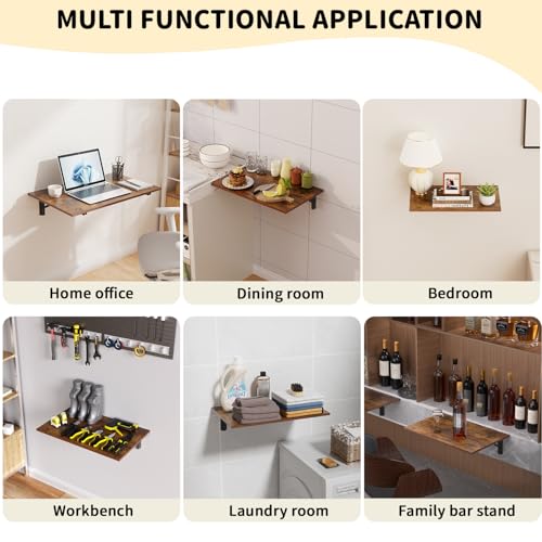 GOYLSER Wall Mounted Folding Table Floating Desk for Dining, Laundry Room, Office, Fold Down Desk with Bracket - color: Rustic Brown, size: 35"x20.5"