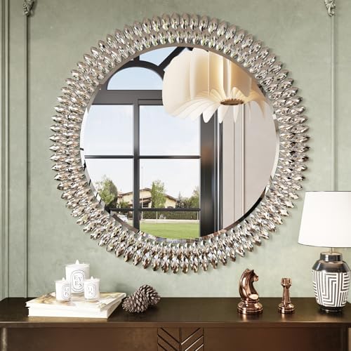 Kelly Miller 36" Jeweled Luxury Round Decorative Wall Mirror | Elegant diamond beveled vanity mirror. Perfect large wall mirror for living room, bedroom, entryway. - size: 36"L x 36"W