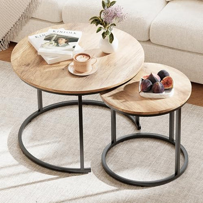 Nesting Coffee Table, 23.6" Round Coffee Table Set of 2, Wooden Nesting Table Set for with Metal Frame, Side Tables for Living Room Bedroom Balcony, Brown - color: Natural Brown