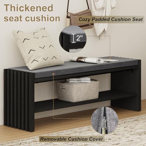 40" Entryway Shoe Bench with Storage & Cushion, Modern Fluted Shoe Rack for Mudroom, Sturdy Wooden Hallway Bench with 360 lbs Capacity, Black Oak - color: Black Oak