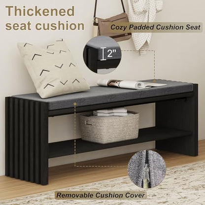 40" Entryway Shoe Bench with Storage & Cushion, Modern Fluted Shoe Rack for Mudroom, Sturdy Wooden Hallway Bench with 360 lbs Capacity, Black Oak - color: Black Oak
