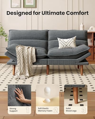 Convertible Futon Sofa Bed - Corduroy Loveseat with Adjustable Backrest & Armrests, Thickened Seat Cushion, Small Space Sleeper Couch for Apartment, Study Room & Office
