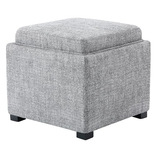CHITA Storage Ottoman Cube with Tray Lid, Small Footstool with Storage, Square End Table for Living Room and Bedroom, Fabric in Pebble Grey - color: Pebble Grey