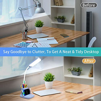 LED Desk Lamp with 10W Wireless Charging & Pen Holder, Blue | CRI 95, 800LM, Stepless Dimming, 3 Modes, 360°Flexible Arm, Touch, Study Table Lamp for Home Office, Dorm Room, with Adapter - color: Blue