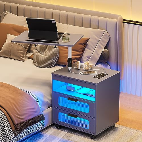 HNEBC Nightstand with Wireless Charging Station, LED Nightstand Has Adjustable Rotary Workstation, Smart Night Stand with 2 Drawers,Modern Bedside Table for Bedroom, Sensor Light/Wheel (Grey) - color: 9603-1-grey
