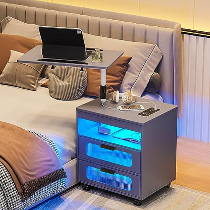 HNEBC Nightstand with Wireless Charging Station, LED Nightstand Has Adjustable Rotary Workstation, Smart Night Stand with 2 Drawers,Modern Bedside Table for Bedroom, Sensor Light/Wheel (Grey) - color: 9603-1-grey