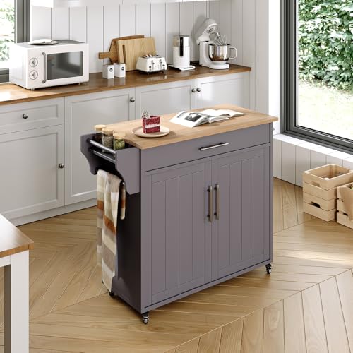 Kitchen Island, Island Table for Kitchen, Wooden Rolling Kitchen Island On Wheels with Countertop, Mobile Kitchen Island Cart with Towel Rack, Spice Rack and Drawers, Grey - color: Grey