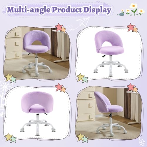 VINGLI Small Vanity Chair with Faux Fur Wheels for Girls,Cute Adjustable Height Armless Office Desk Chair,360°Swivel Comfy Rolling for Study,Make up Room,Small Space,Purple - color: Furry Purple