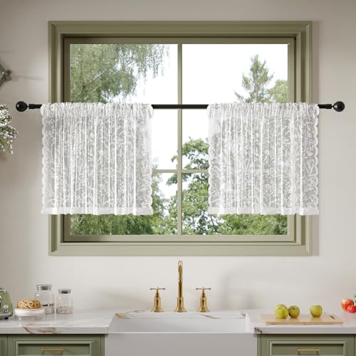 Anmao Vintage Lace Kitchen Curtains 24 Inches Long 2 Panels, Romantic Semi Sheer Floral Over Sink Lacy Cafe Curtain, Elegant Window Short Small Drapes, 55W x 24L, White Leaf - color: White Leaves, size: 55"W x 24"L (Pack of 2)