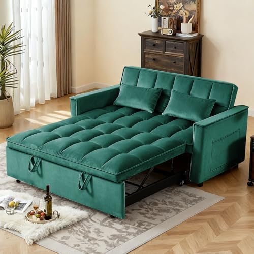 Sleeper Sofa Bed with Adjustable Backrest & Side Pockets, Green | Adjustable Backrest & Side Pockets,Pull Out Sofa,Comfortable Fabric - color: S-green-s2