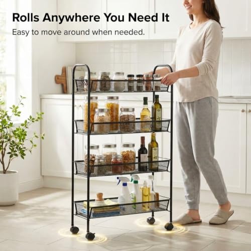 American Dream Black 4-Tier Mesh Basket Rolling Cart with Wheels Slim Metal Storage Organizer Trolley, 22.4" x 7.3" x 37.4"
