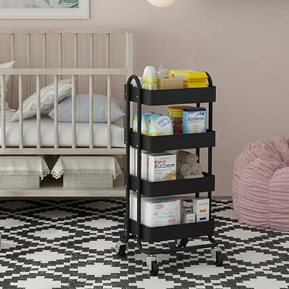 4-Tier Metal Rolling Cart with Wheels,4 Tier Utility Cart with Wheels for Office,Home,Kitchen,Garden（13.4"x18.1"x40"） Black - color: Black, size: 40"H