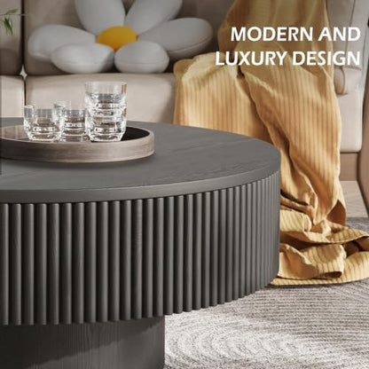 YOUDENOVA 31.5” Round Fluted Coffee Table, Modern Wood Circle Coffee Table, Veneer Handcrafted Relief Tea Table with Sturdy Pedestal for Living Room，Easy Assembly - Black - color: 31" All Black-round
