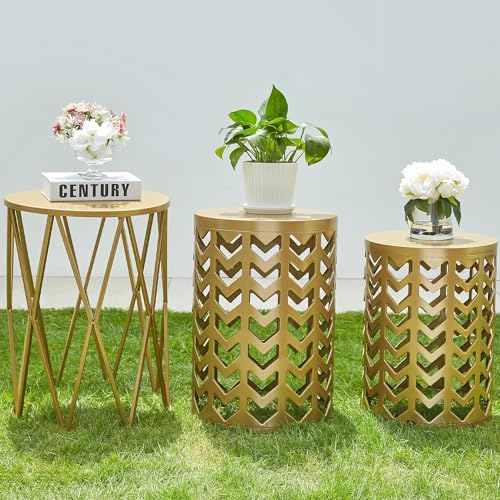 Nesting Side Table Set of 3 Decorative Round Garden Stools for Indoor Outdoor Heavy Duty Metal Frame Side Table Nightstands Modern End Table Plant Stand, Glossy Golden - color: Classic Golden
