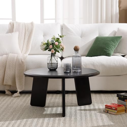 32" Round Coffee Table for Living Room, Wood Coffee Table with Solid Wood Legs, Small Center Table for Apartment, Modern Rustic Coffee Table with Anti-Resistant Top, Easy Assembly, Black - color: Circle, Black