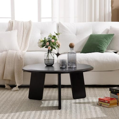 32" Round Coffee Table for Living Room, Wood Coffee Table with Solid Wood Legs, Small Center Table for Apartment, Modern Rustic Coffee Table with Anti-Resistant Top, Easy Assembly, Black - color: Circle, Black