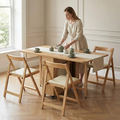 Folding Dining Table Set with 6 Chairs, Mobile Solid Wood Expandable Table, Space-Saving Drop Leaf Table, Multi-Functional Kitchen Island Cart for Small Apartment, Dining Room - 1.4m