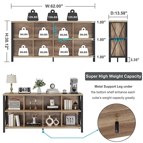 8 Cube Storage Organizer Bookshelf, 62 Inch Rustic Wood Horizontal Bookcase, Industrial Cube Long Book Shelf for Living Room (Rustic Oak) - color: Rustic Oak