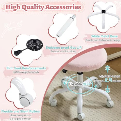 VINGLI Small Vanity Chair with Faux Fur Wheels for Girls,Cute Adjustable Height Armless Office Desk Chair,360°Swivel Comfy Rolling for Study,Make up Room,Small Space,Light Pink - color: Furry Pink