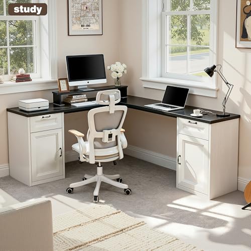 HUAHUU 78" Farmhouse L Shaped Executive Desk with Drawers, Modern Computer Desk with Power Outlets, Office Writing Desk with Monitor Stand & Storage Cabinet, Printer Shelf, Antique White - color: Black and White