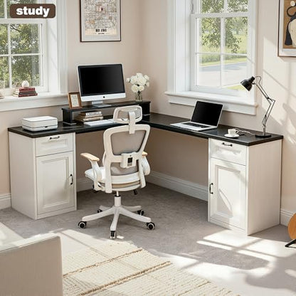 HUAHUU 78" Farmhouse L Shaped Executive Desk with Drawers, Modern Computer Desk with Power Outlets, Office Writing Desk with Monitor Stand & Storage Cabinet, Printer Shelf, Antique White - color: Black and White