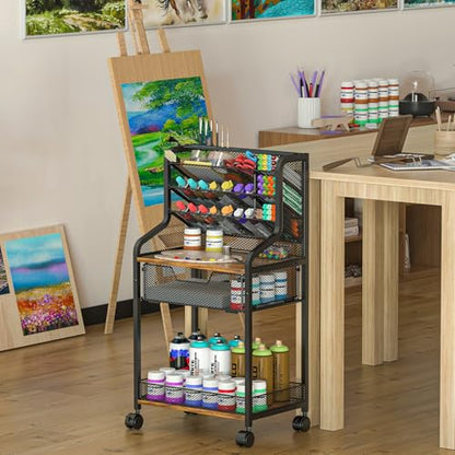 Small Rolling Utility Cart with Drawer, Metal Craft Storage Cart with Lockable Wheel, Versatile Art Organizer with 6 Tiers & Removable Dividers for Drawing Room, Store Paint & Artifact, Patent Pending - size: 3 Tiers