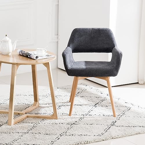 Desk Chair No Wheels Vanity Chair Comfy Accent Chair for Living Dining Room Bedroom Home Office Mid Century Modern Upholstered Armchair with Wood Legs (Charcoal, 1) - color: Charcoal