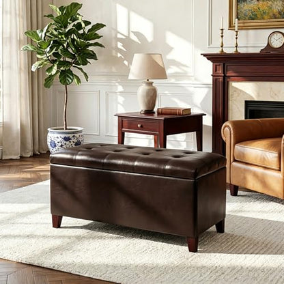 Storage Ottoman Bench, 33 Inches Faux Leather Rectangle Tufted Foot Stool for End Foot of Bed, Bedroom, Living Room, Brown - color: Brown Faux Leather