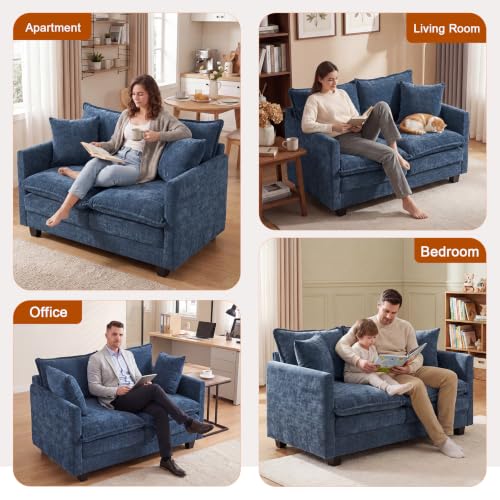 50'' Loveseat Sofa Set, Small Couch Set 2 Piece Cloud Love Seat with 27" Deep Seat Washable Chenille Pillows Couches for Small Spaces Apartment Living Room, Blue - color: Blue, size: 50"+50"