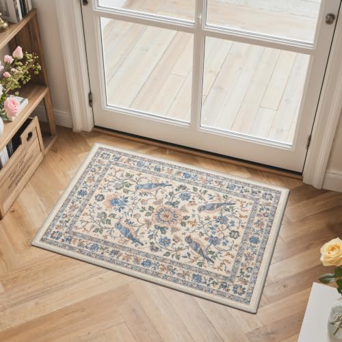 GENIMO 2X3 Blue Ivory Doormat for Entrance, Washable Non Slip | Soft Low Pile Blue Ivory Botanical Bird Rug for Kitchen and Front Door, Easy Care Polyester Small Rug, Stain Resistant - color: Blue Ivory, size: 2' x 3' (Rectangular)