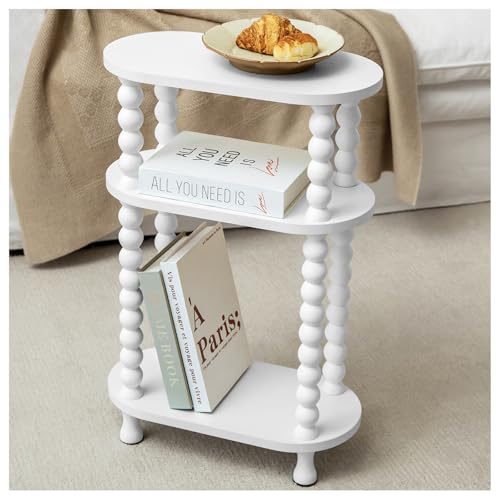 3-Tier Narrow Side Table, Slim End Table for Small Spaces | Skinny wooden side table with shelf storage. Ideal as living room accent or bedroom nightstand.Easy assembly, space-saving - color: White