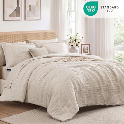 MaiRêve Full Size Comforter Set Crinkle Textured Beige Bedding Set 7 Pieces | Boho Geometric All Season Bed in a Bag with Comforter, Sheets, Pillowcases & Shams - color: Beige, size: Full