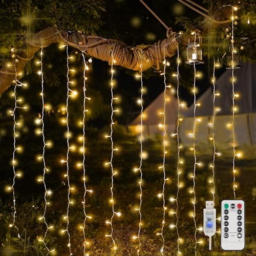 200 LED Curtain Lights Fairy Lights with Remote Bedroom 6.5x6.5ft | Warm White,USB Powered , IP44 Waterproof Indoor Outdoor Decor for Christmas Wedding Backdrop - color: Warm White, size: USB-200 LED