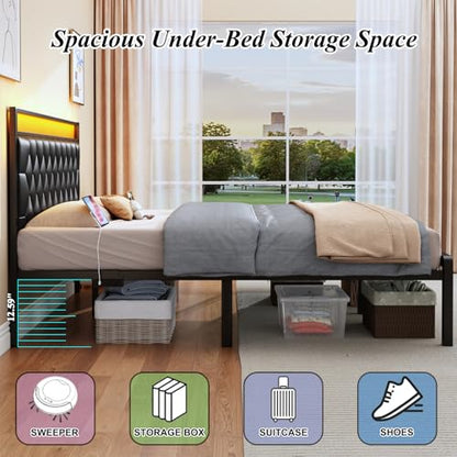 King Size Bed Frame with Charging Station, LED Light and PU Leather Upholstered Headboard, Platform Bed Frame with Under-Bed Storage, Easy Assembly, Noise Free, No Box Spring Needed, Black - size: King (U.S. Standard)
