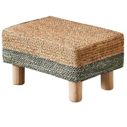 Wimarsbon Natural Seagrass Footstool Ottoman Rectangular Footrest Pouf Ottomans with Wooden Legs Hand Weave Step Stool for Living Room Bedroom Entryway Green - color: Green, size: 12"D x 16.5"W x 9.5"H