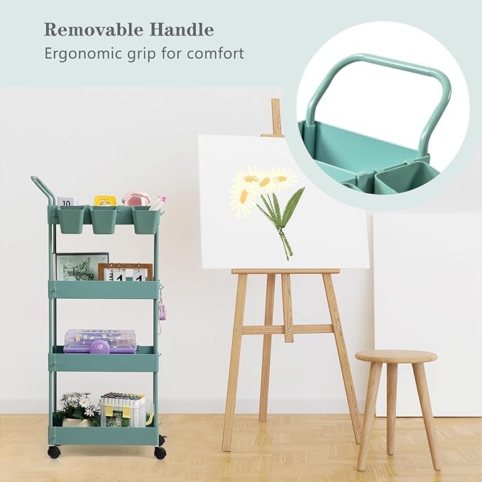 Slim Storage Cart on Wheels, 4 Tier Narrow Laundry Cart with Hooks Hanging Cups Dividers Mobile Rolling Lash Cart with Handle for Bathroom Small Spaces, Green - style: 4 Tier Green