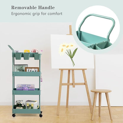 Slim Storage Cart on Wheels, 4 Tier Narrow Laundry Cart with Hooks Hanging Cups Dividers Mobile Rolling Lash Cart with Handle for Bathroom Small Spaces, Green - style: 4 Tier Green